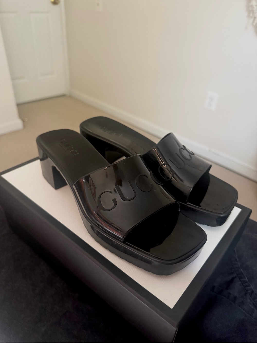 Gucci Rubber Logo Platform Block
Heel Slide Sandals